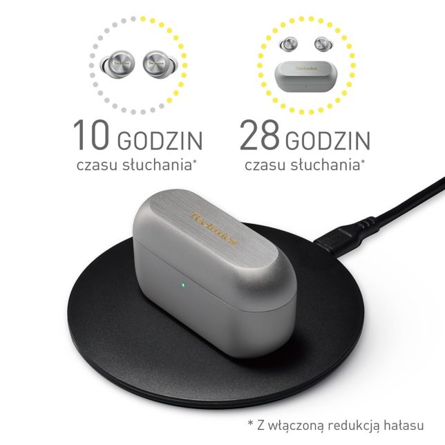 Technics EAH-AZ100E-V Panasonic EAH-AZ100 douszne słuchawki TWS z ANC (przetwornik Magnetic Fluid Driver, ładowanie indukcyjne, Voice Focus AI, Multipoint 3 szt), liliowe 15 Wydajność baterii i ładowanie w technologii Qi